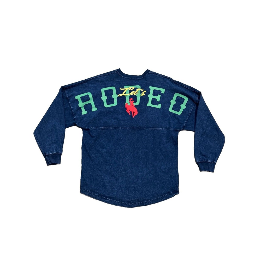 Spirit Jersey Womens Blue Lets Rodeo Graphic Mineral Wash Western Top Size Small